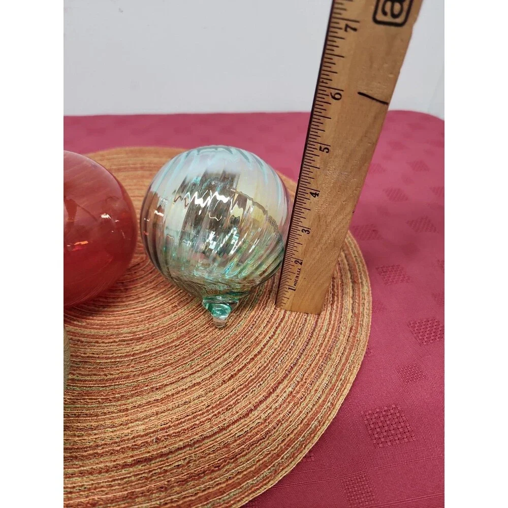 Handblown Art Glass Orbs/Ornaments 4 Inch Set Of 3 ~ 2 Iridescent Green 1 Red